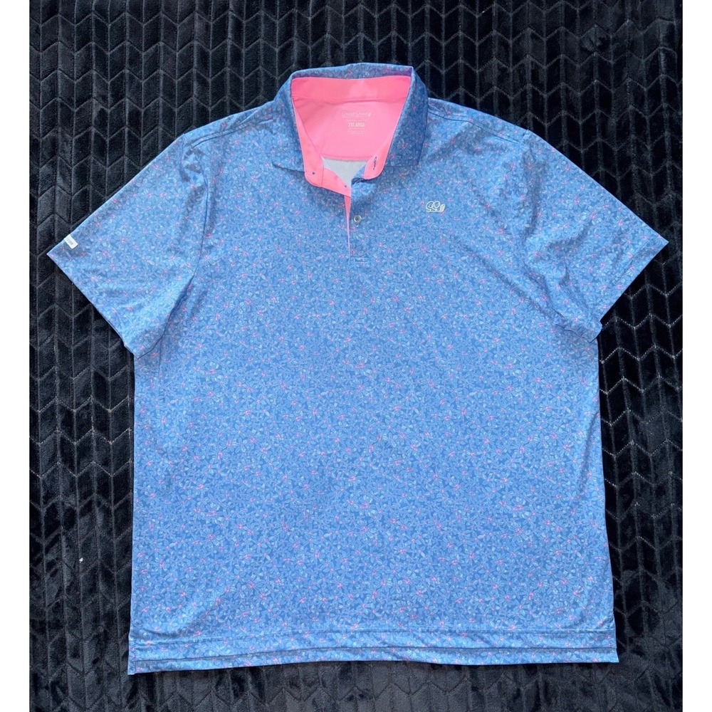 Good Good Mens Golf Polo Shirt Blue Pink Floral Performance Stretch Size 2XL
